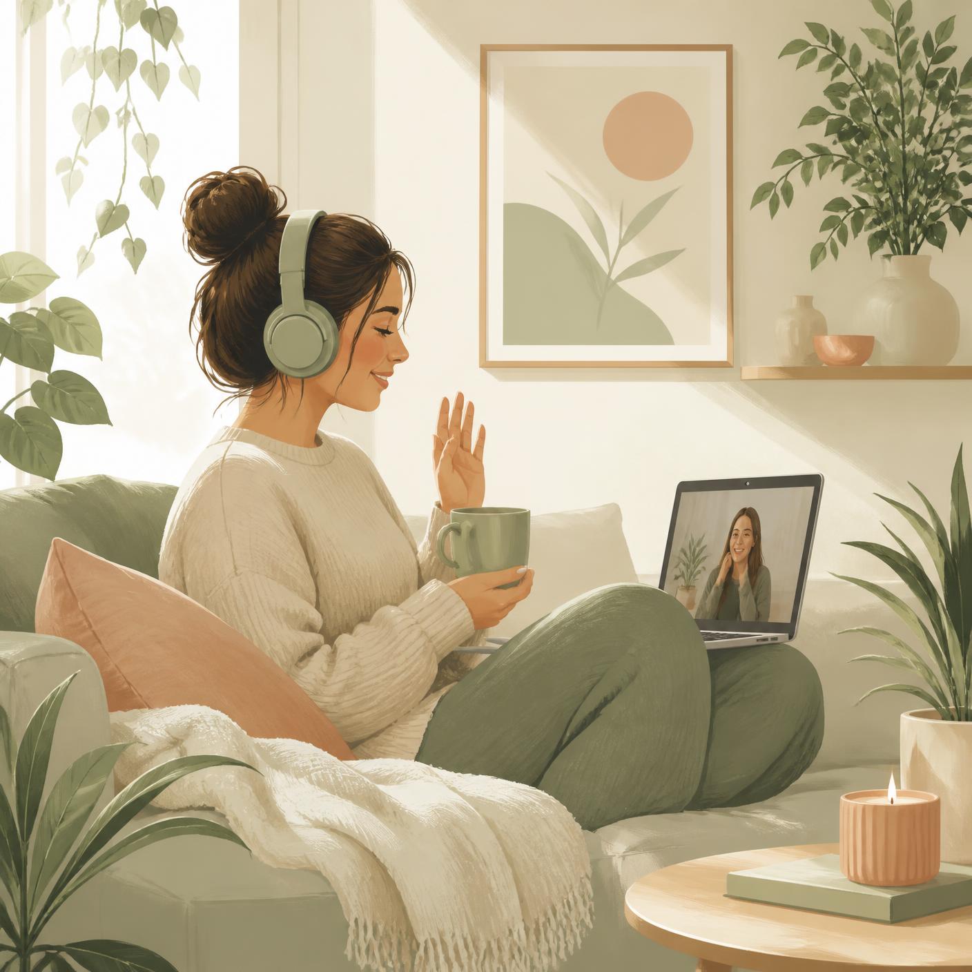 Persona haciendo terapia online desde la comodidad de su hogar